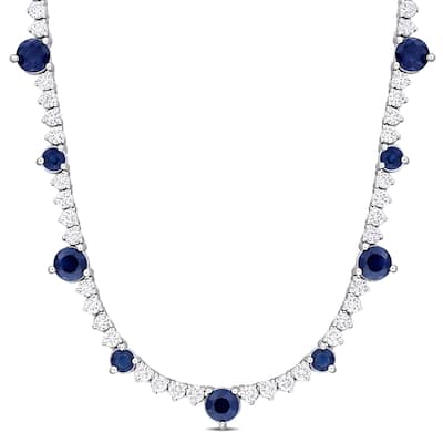 Miadora 2 7/8ct TGW Blue Sapphire and 1 3/5ct TDW Diamond Station Necklace in 14k White Gold