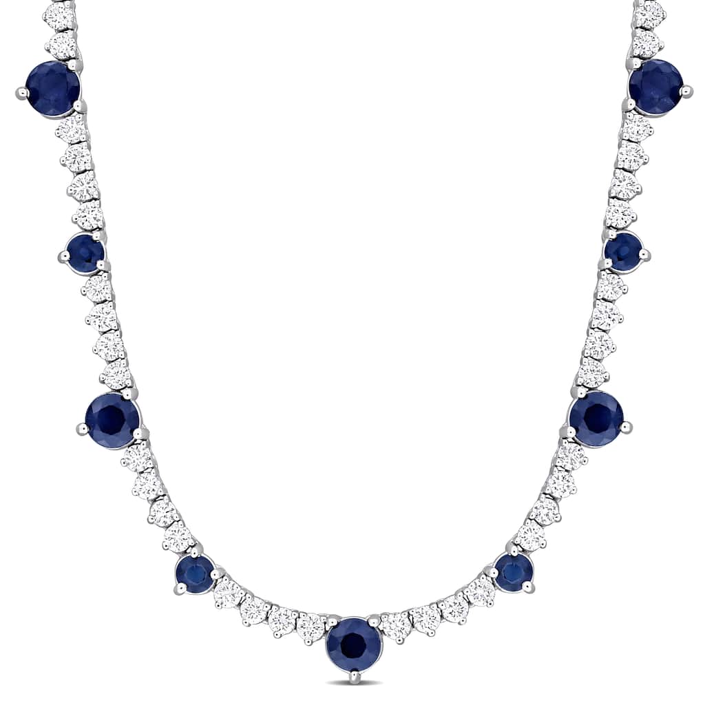 Miadora 2 7/8ct TGW Blue Sapphire and 1 3/5ct TDW Diamond Station Necklace in 14k White Gold