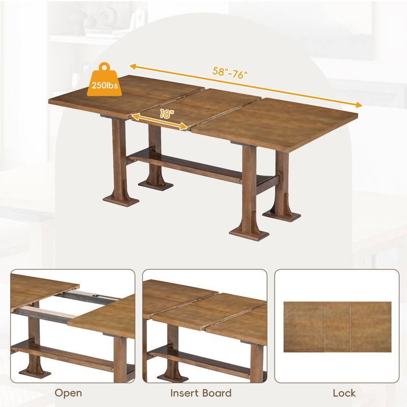 Farmhouse Style 6-Piece Extendable Dining Table Set with Removable Leaf and 4 Upholstered Chair and Bench