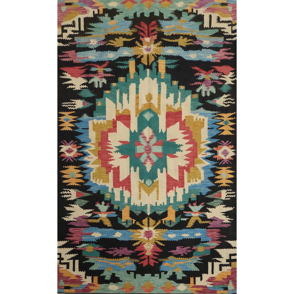 Hand Woven Oriental 100% Wool Carpet Southwestern Tribal Multi-Colored Kilim Area Rug - 8' 6'' X 5' 8''