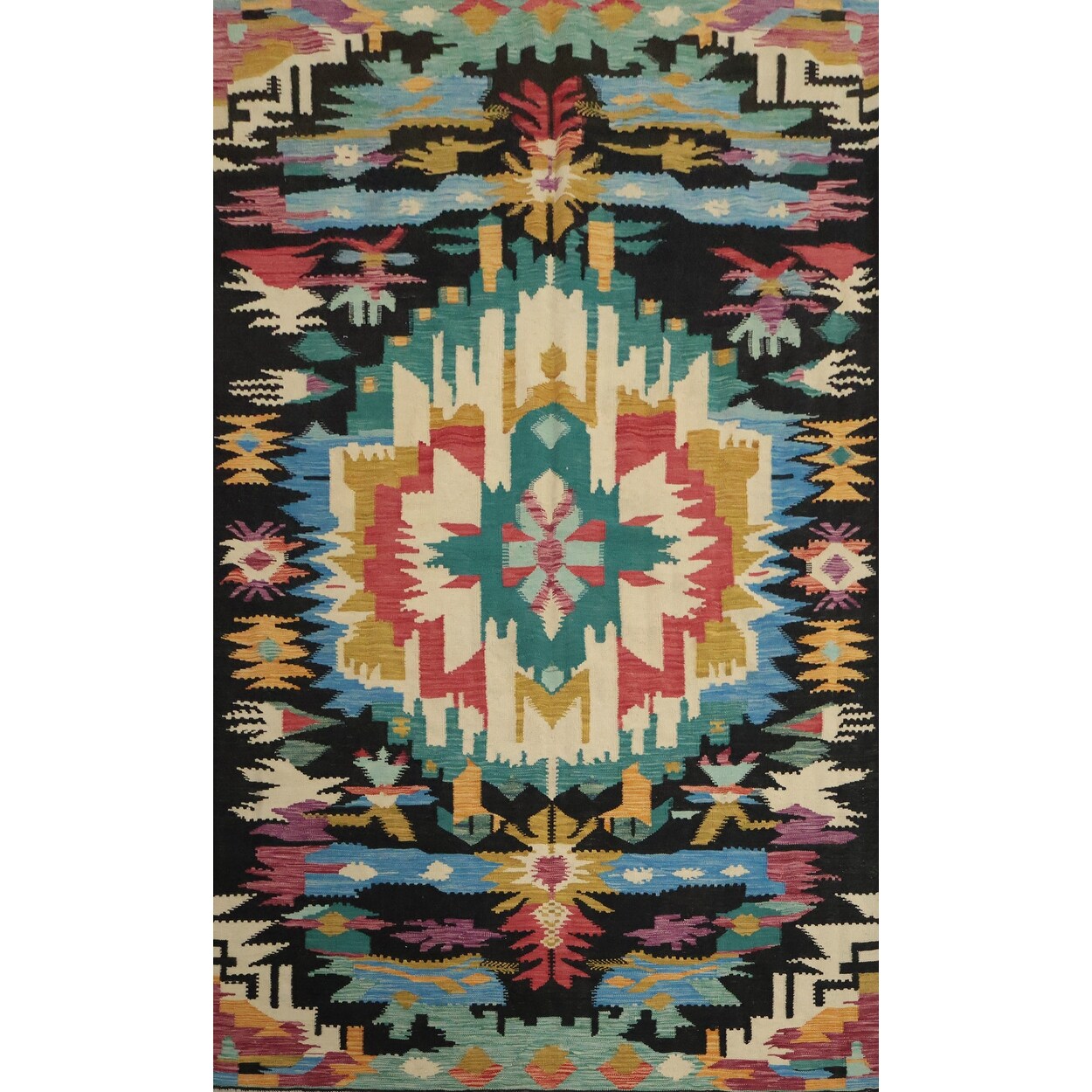 Hand Woven Oriental 100% Wool Carpet Southwestern Tribal Multi-Colored Kilim Area Rug - 8' 6'' X 5' 8''