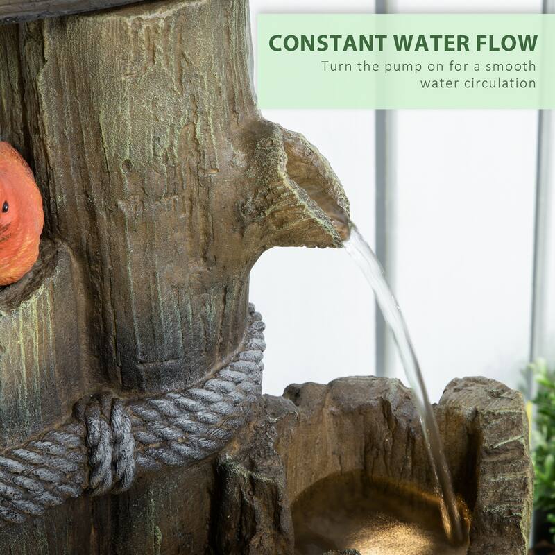 Outsunny Outdoor Fountain with Birdhouse, Cascading Garden Waterfall Bird Bath with 3-Tier Rustic Tree Trunk / Log Design