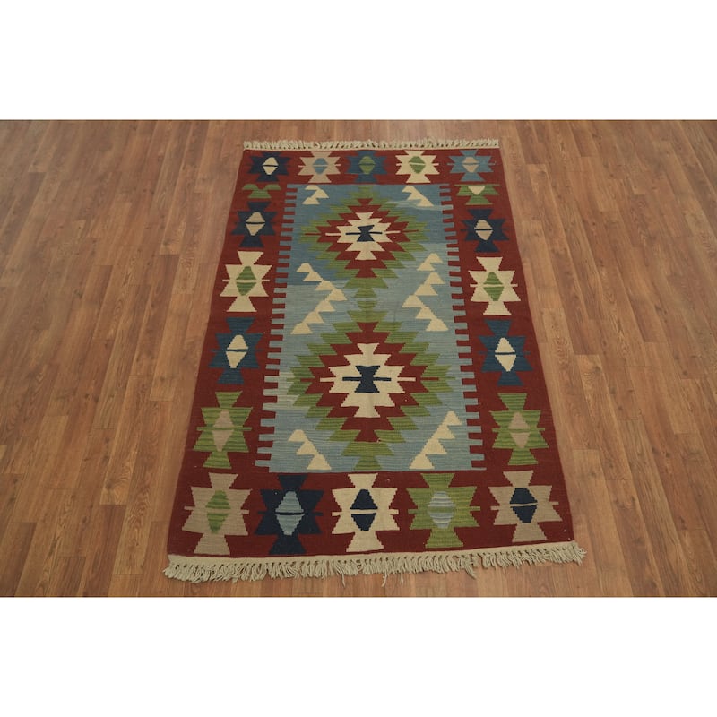 Hand Woven Oriental 100% Wool Carpet Southwestern Tribal Navy Blue & Blues Kilim Area Rug - 6' 0'' X 4' 0''