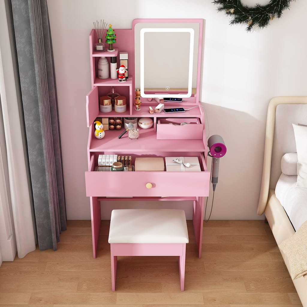 3-Color LED Vanity Mirror with Stool, Pink Dressing Table for Bedroom, 2 Drawers & 5 Storage Cabinets (4 Open + 1 Hidden)