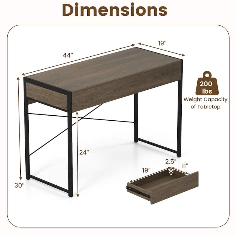 Computer Desk with 2 Drawers 44 Inch Home Office Desk with Metal Frame