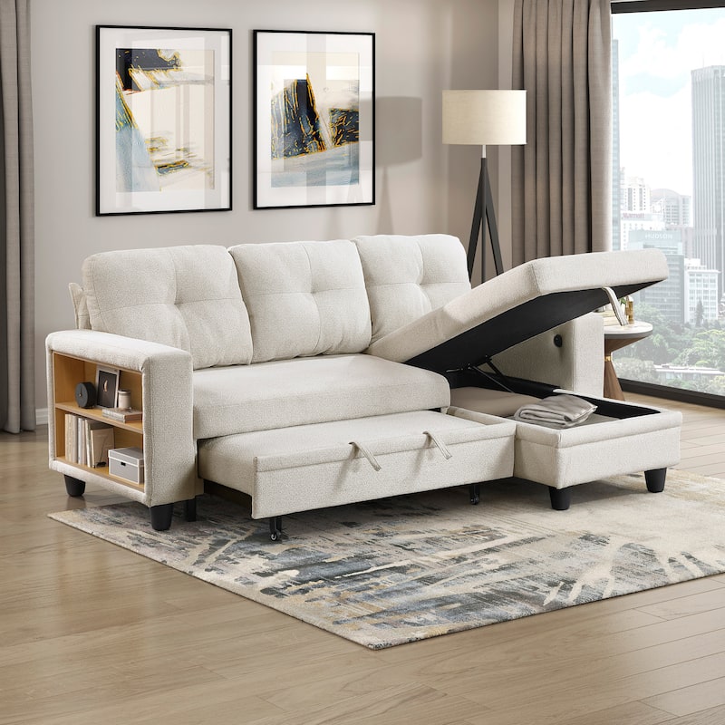 Hazel Boucle Sectional Sofa - Reversible Chaise, Pull-out Bed, Shelves