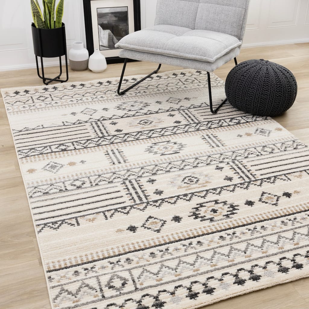 Nalani Collection - Ribbed Soft Cream Grey Southwestern Area Rug