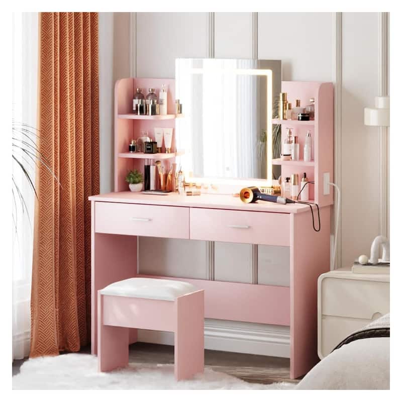 Makeup Vanity Set with Mirror, Stool， Charging Station， 2 Drawers, 6 Shelves - Pink