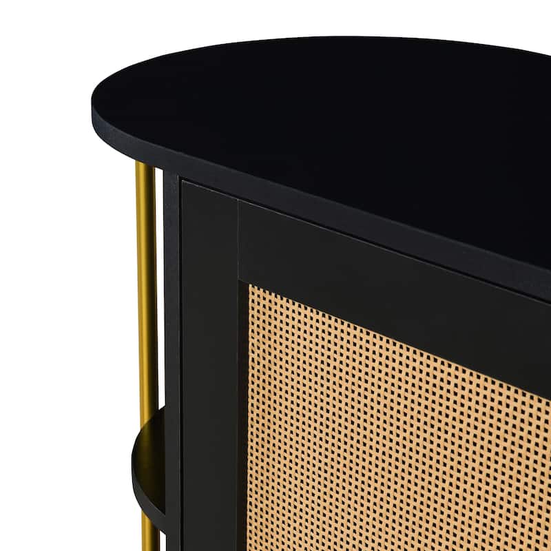 2-Door Elegant Curved Dining Cabinet with Gold Trim and Woven Rattan Doors for Dining Room (Black)