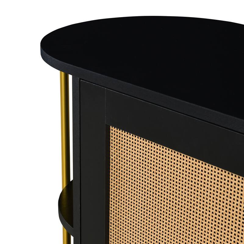 Curved Black Sideboard with Woven Rattan Doors and Open Storage