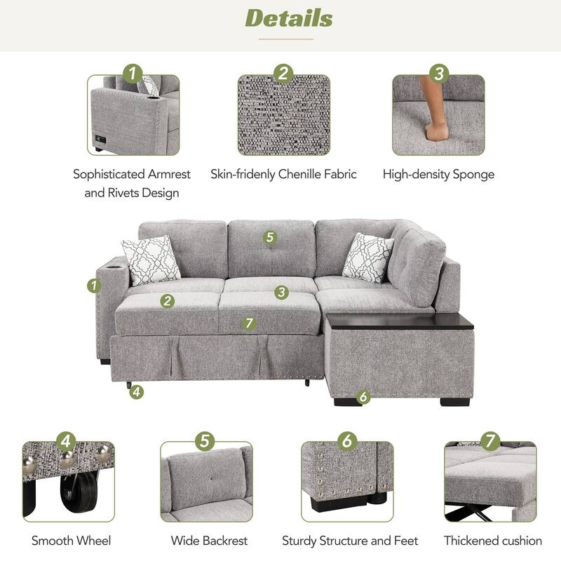 83.8" L-Shaped 4-Seat Sofa with Pull-Out Bed & Storage