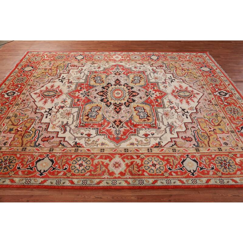 Hand Knotted Oriental 100% Wool Carpet Traditional Medallion Beige & Ivories Heriz (serapi) Area Rug - 9' 10'' X 7' 11''