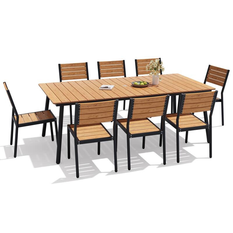 9-Piece Outdoor Patio Dining Set Wood-Like Table Top Alumium Umbrella Hole Table with Stackable Armless Chairs