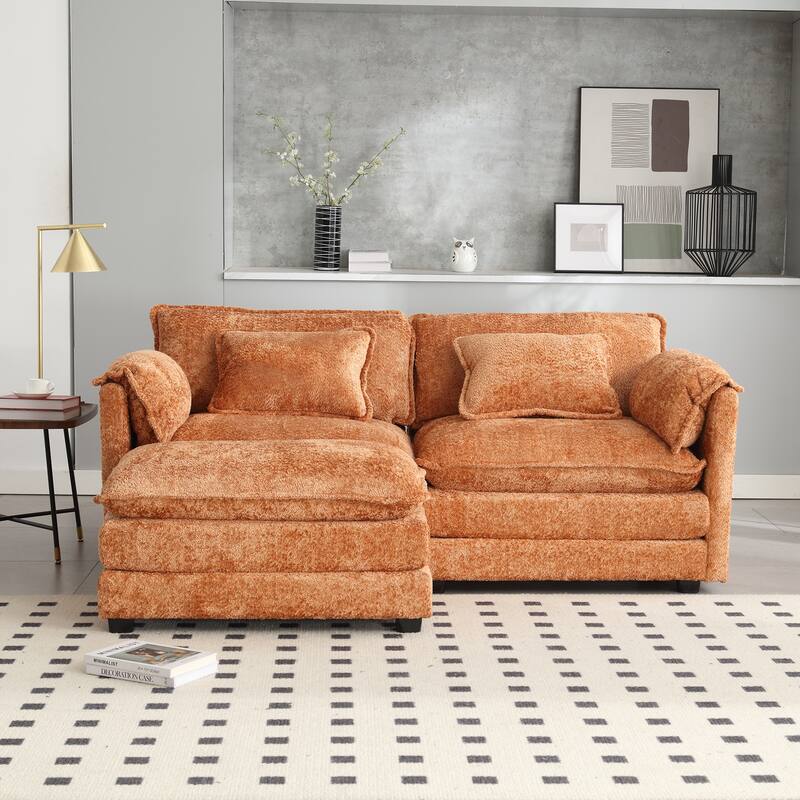 Chenille Double Sofa with Footstool, Removable Arms