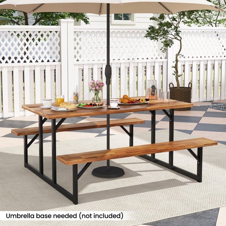 Brown and Black Acacia Wood Picnic Table 6 Person and Bench Set with Metal Frame - 63" x 61.5" x 29"