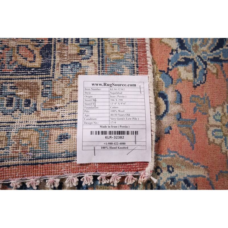Traditional Pink Najafabad Persian Vintage Rug Handmade Wool Carpet - 9'6"x 13'0"