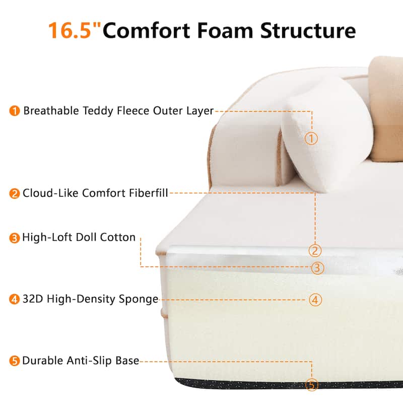 Roomfitters No Assembly Modular Sofa, 106 Inch Teddy Fabric Floor Couch with Chaise, White