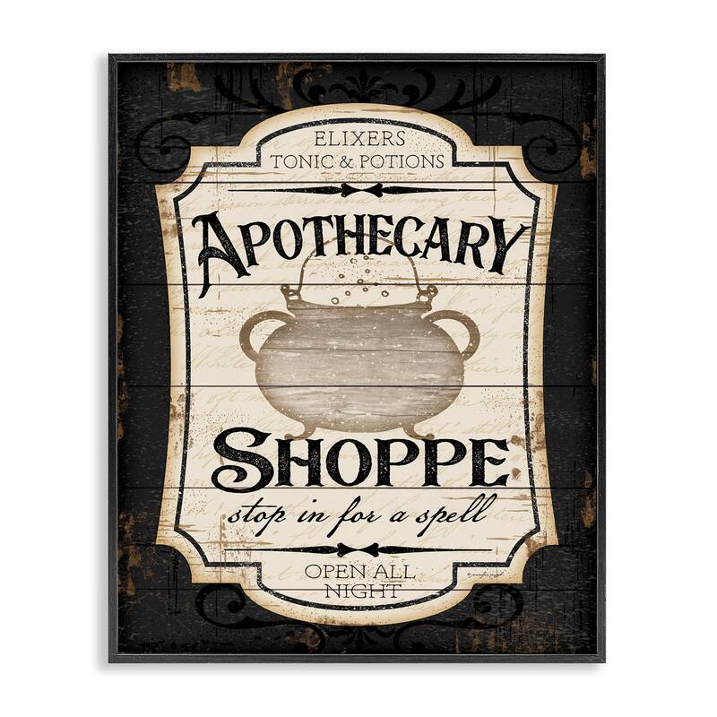 Stupell Apothecary Shoppe Spooky Halloween Sign Witch Potion Cauldron Framed Wall Art - Black
