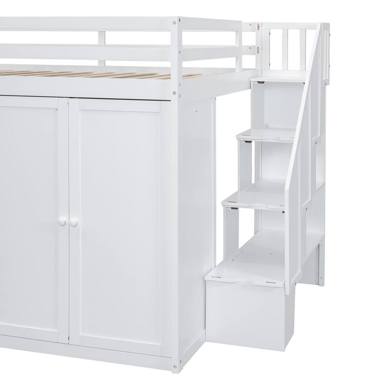 Full Size Wood Loft Bed with Built-in Wardrobes, Cabinets and Drawers