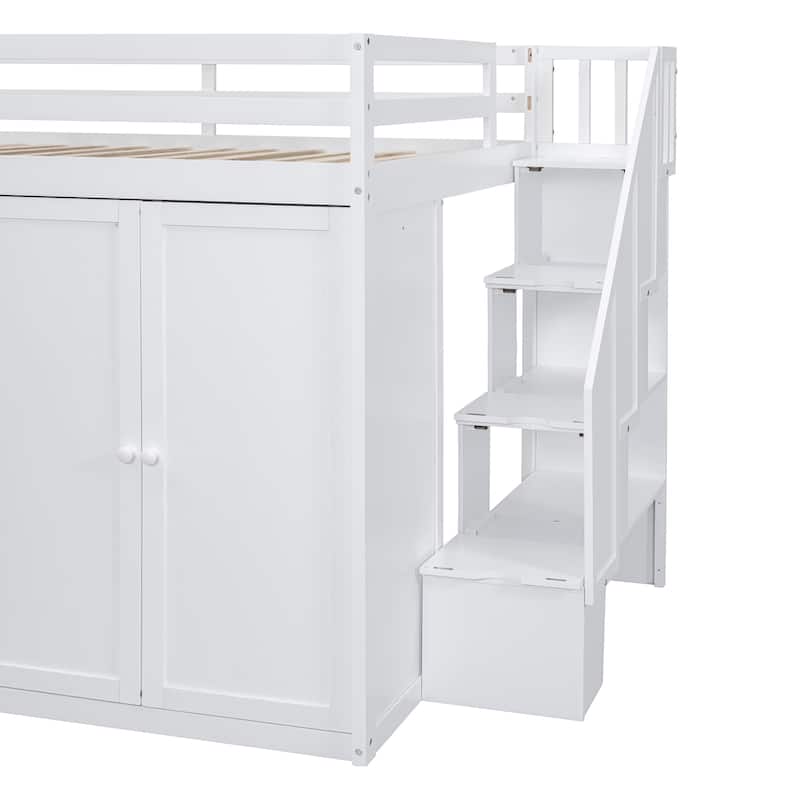 White Full Size Loft Bed with Built-in Wardrobes and Staircase, Space-Saving Design