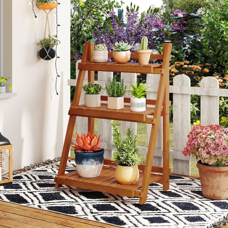 Natural Solid Wood 3-Tier Ladder Plant Stand Foldable Display Rack - 24" x 15" x 34"