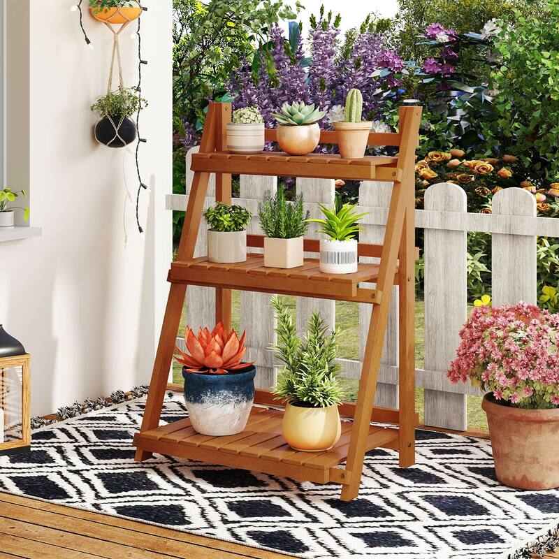 Gymax 3-Tier Wood Plant Stand Folding Flower Rack w/Ladder Design