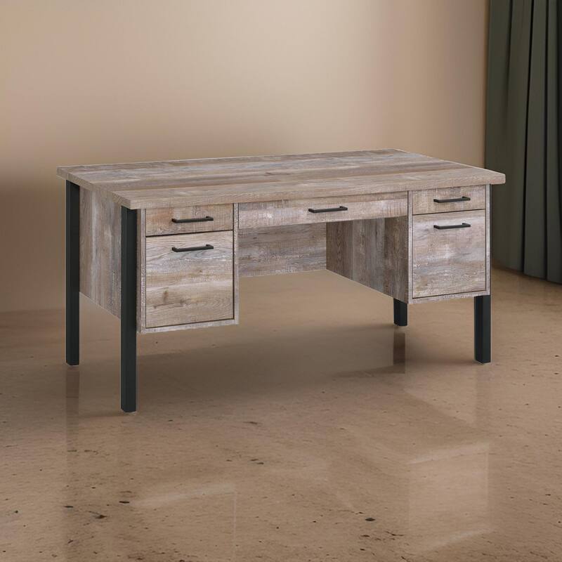 60 Inch Wood Office Writing Desk, 4 Drawers, 1 Cabinet, Rustic Brown, Black