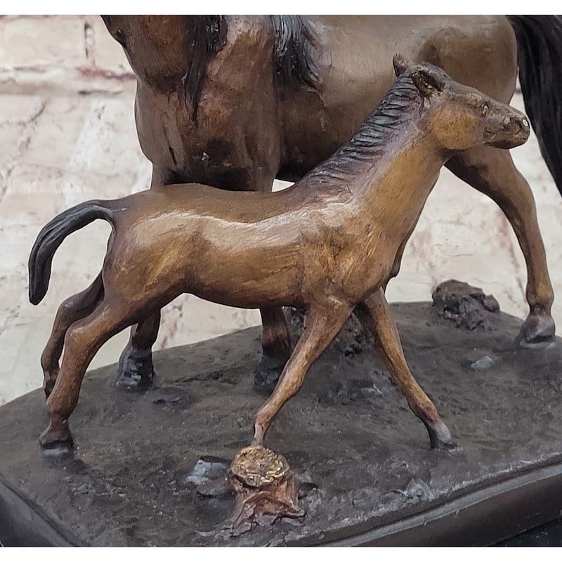 Bronze Sculpture Figurine Mare W/ Her Baby Imitative Horse Stallion Farm Art Deco Moigniez
