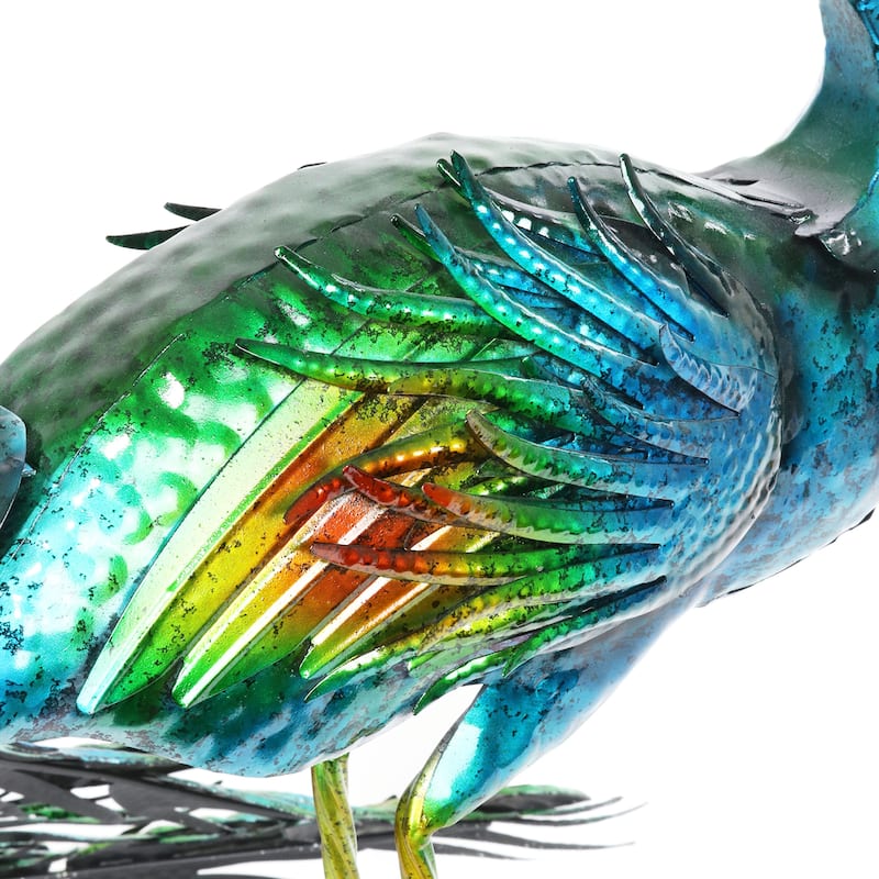 Exhart Hand Painted Majestic Metal Standing Peacock Garden Statue, 15 by 24 Inches