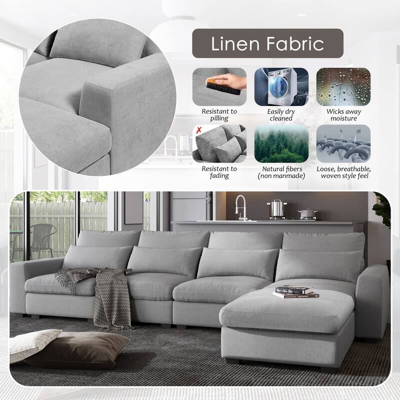 129.9" Chenille L-Shape Sectional Sofa with Reversible Chaise, Feather-Filled Cushions and Spring Support