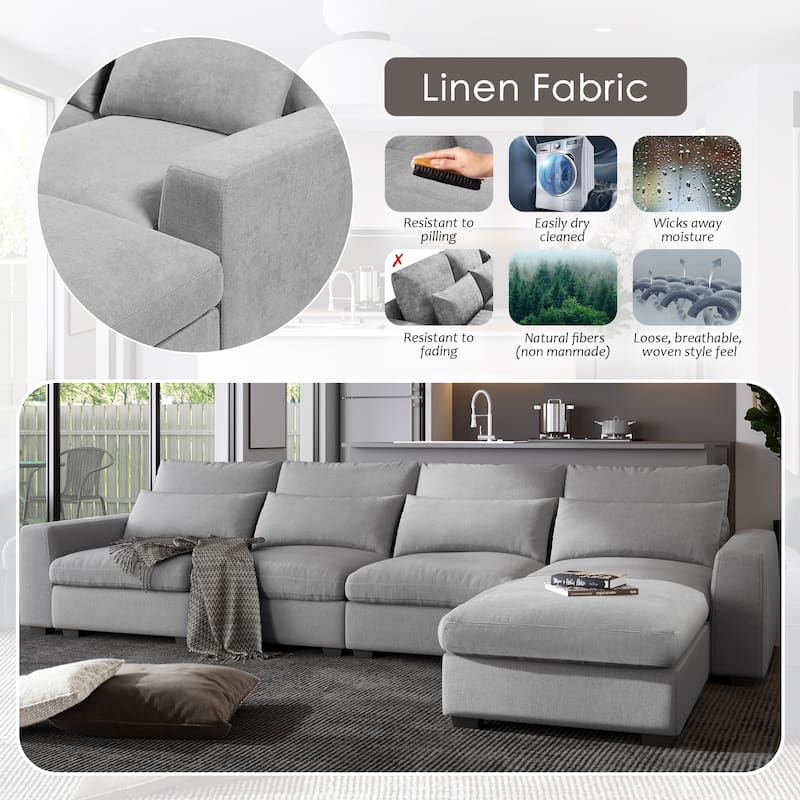 129.9" Chenille L-Shaped Sectional Sofa with Feather Cushions