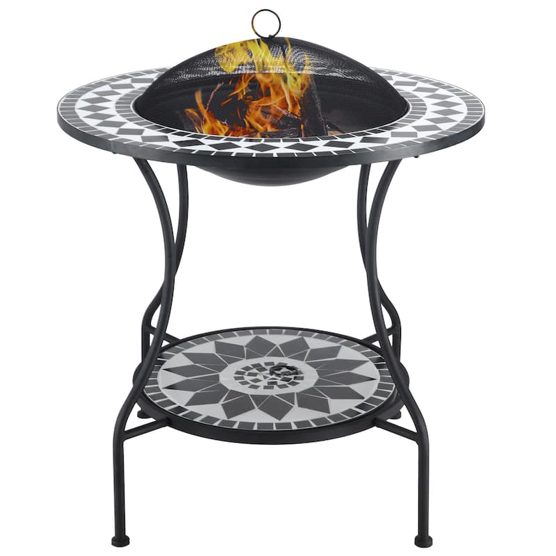 Outsunny 30 Inch Outdoor Fire Pit, 3-in-1 Outdoor Dining Table Round Wood Burning Firepit, Mosaic Tile Garden Table