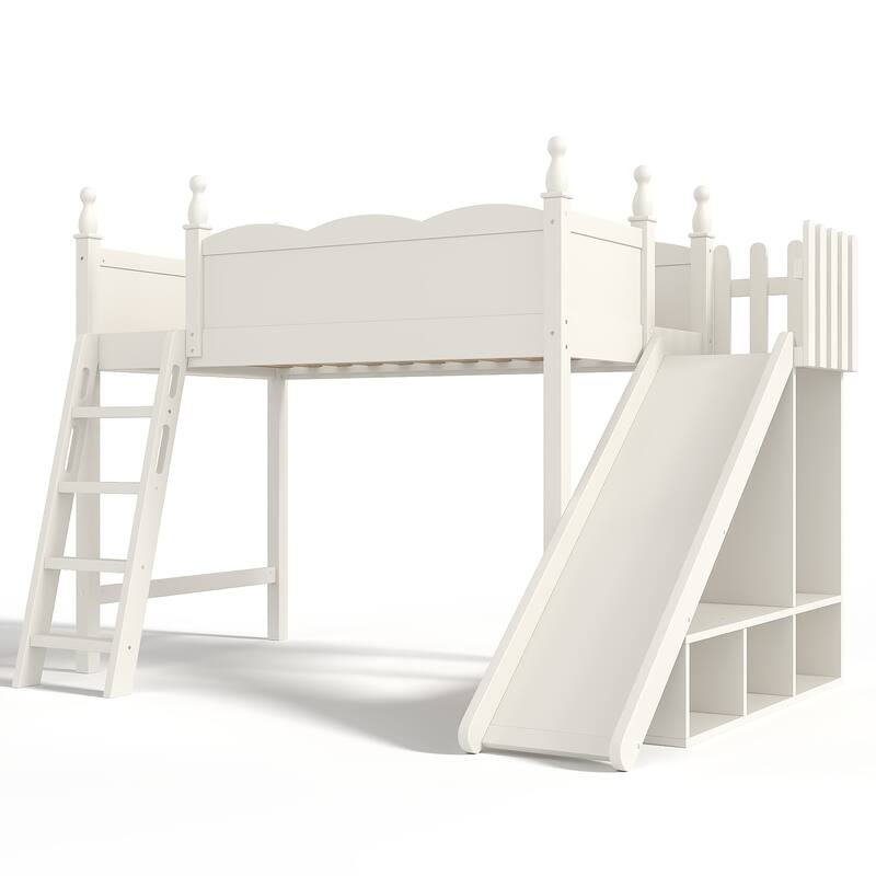 Twin Loft Bed with Storage Shelves and Wardrobe, Solid Wood Loft Beds with Detachable Slide and Ladders, No Spring Box Needed