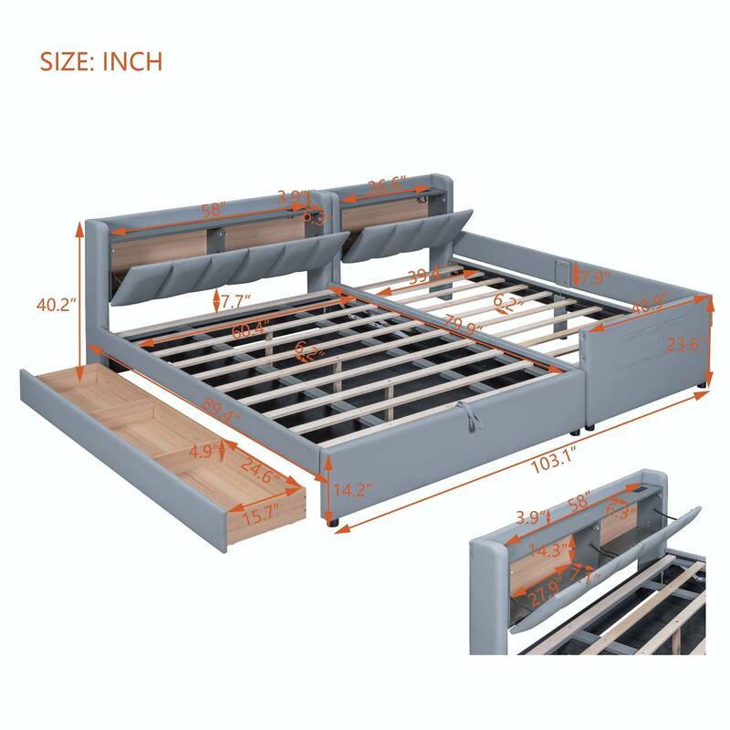 Twin XL Size Upholstered Platform Bed with Hydraulic Storage System