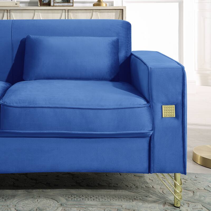 Modern Sleeper Loveseat w/ Pillows, Dark Blue Velvet Chaise Lounge Sofa Livingroom Loveseat