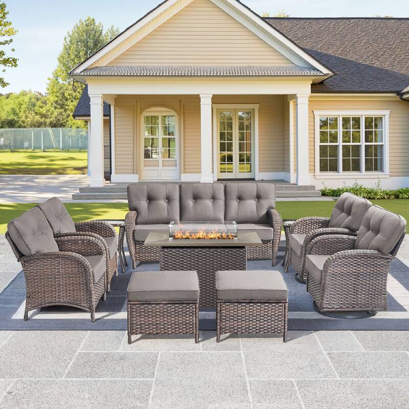 10-Piece Outdoor Sofa Chair with 41" Fire Table - Brown Wicker & Red Cushion