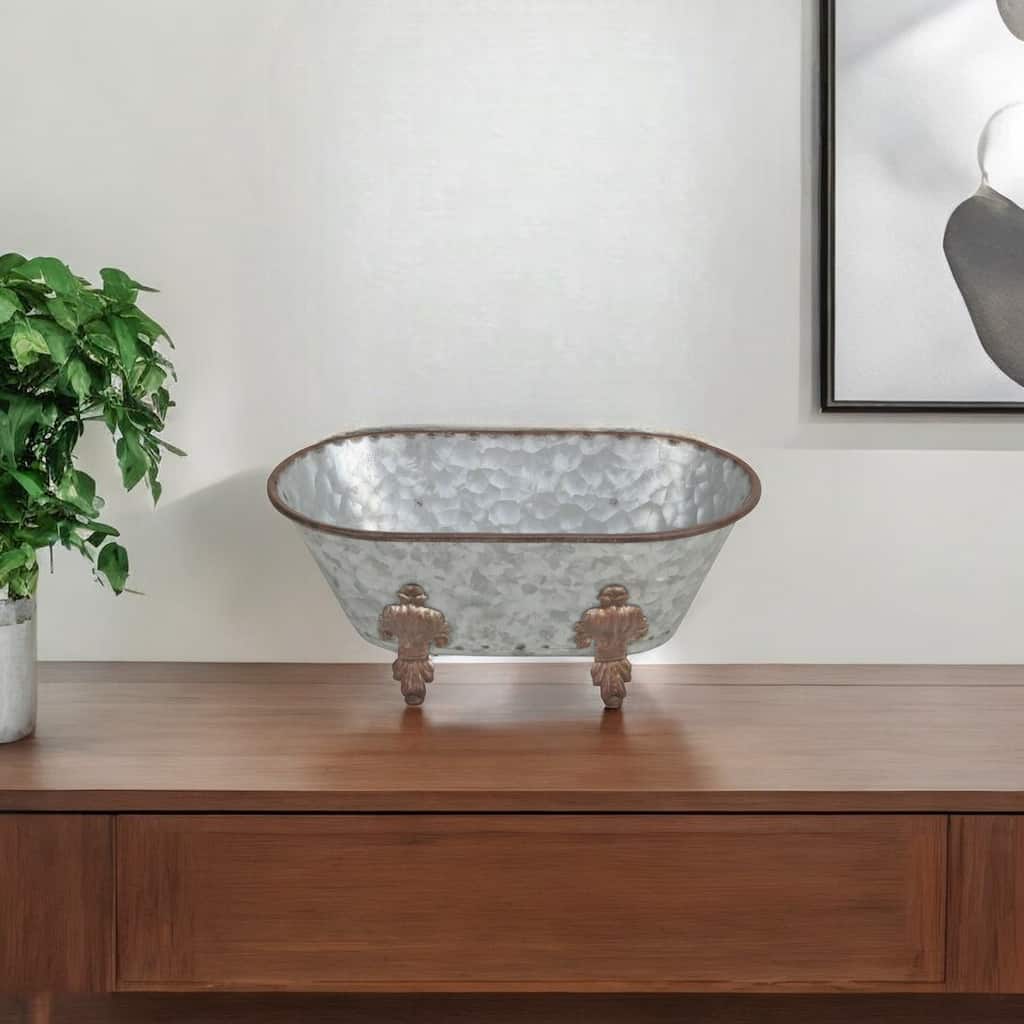 HomeRoots 5" Gray Metal Hand Painted Decorative Tub Tabletop Sculpture - 8.5' X '4.5' X '7.5