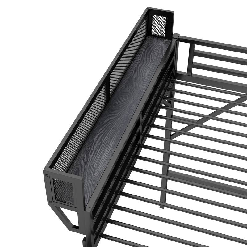 Iron Loft Bed Frame with Storage Shelves, Heavy Duty Metal Loft Bed, Kids High Loft Bed with Full Length Guardrail