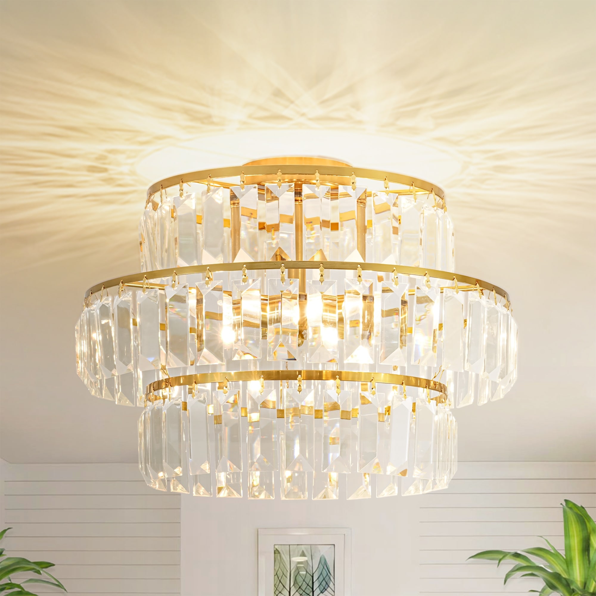 Rennnsan 4-Light Modern 3-Tier Crystal Flush Mount Ceiling Light - Glamorous Metal Ring Ceiling Fixture for Bedroom