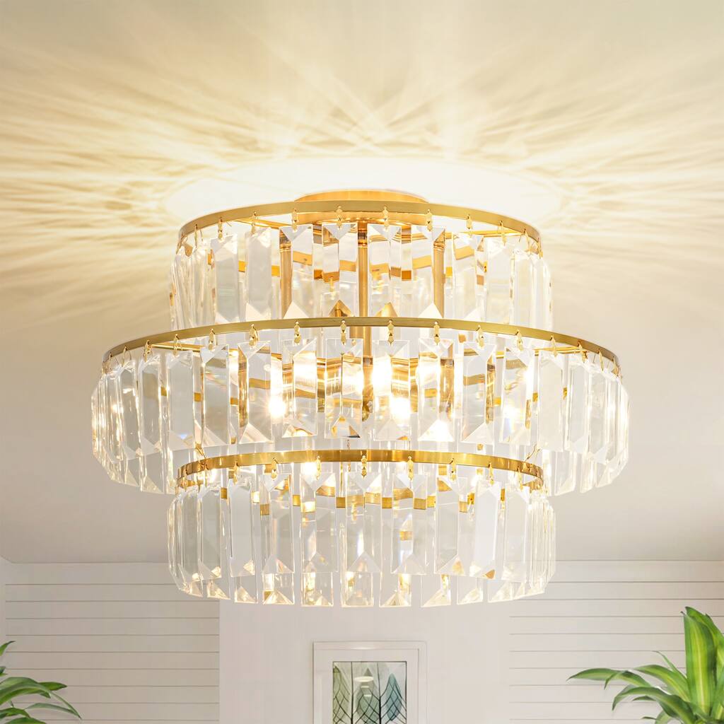 4-Light Modern 3-Tier Crystal Flush Mount Ceiling Light - Glamorous Metal Ring Ceiling Fixture for Bedroom