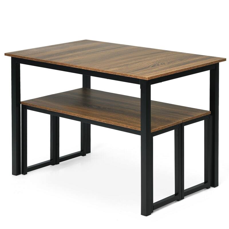 Space-Saving Dining Table Set with 2 Benches and Floor Protection Ideal for Home and Hotels - Natural