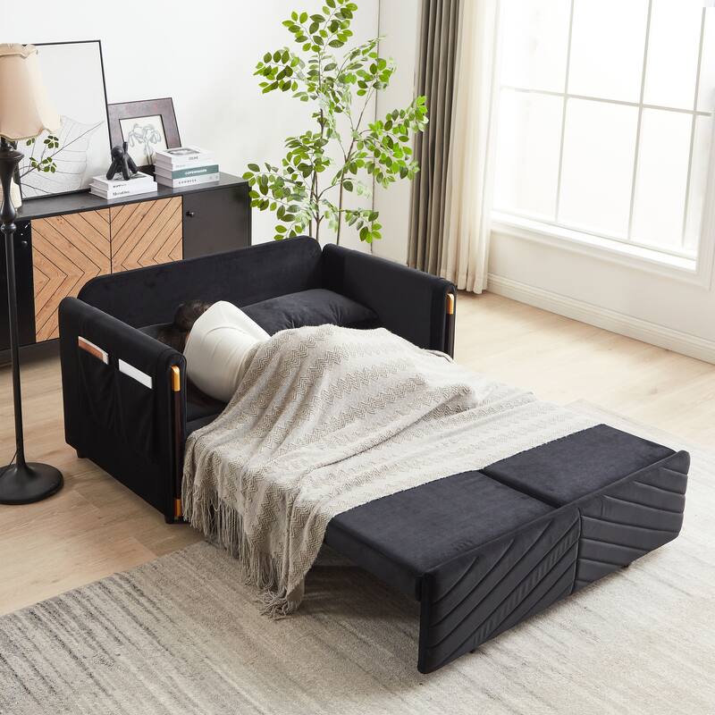 54" Velvet Pull-Out 2-Seater Sofa Bed with Adjustable Backrest & 2 Pillows