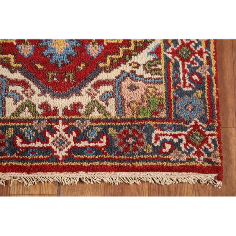 Red Geometric Heriz-Serapi Indian Accent Rug Hand-Knotted Wool Carpet - 2'0"x 3'0"