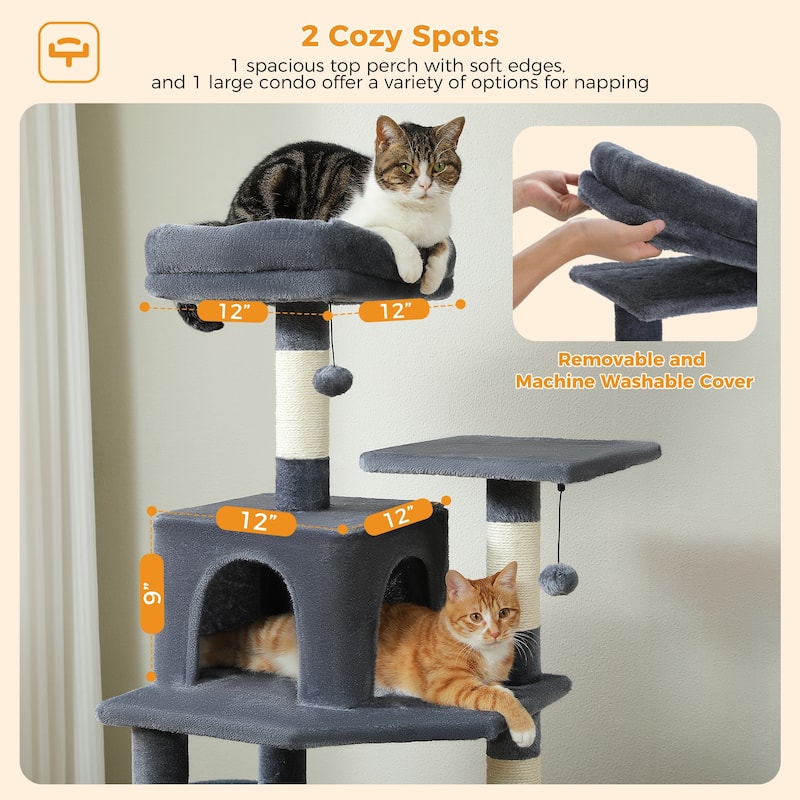 64.5" Cat Tree with Sisal-Covered Scratching Posts, 2 Padded Perch, Dual Condo and Basket