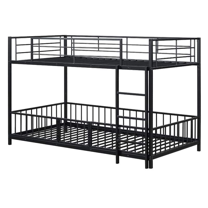 Twin over Twin Metal Bunk Bed with Slide, Guardrails, and Convertible Loft Design, Black
