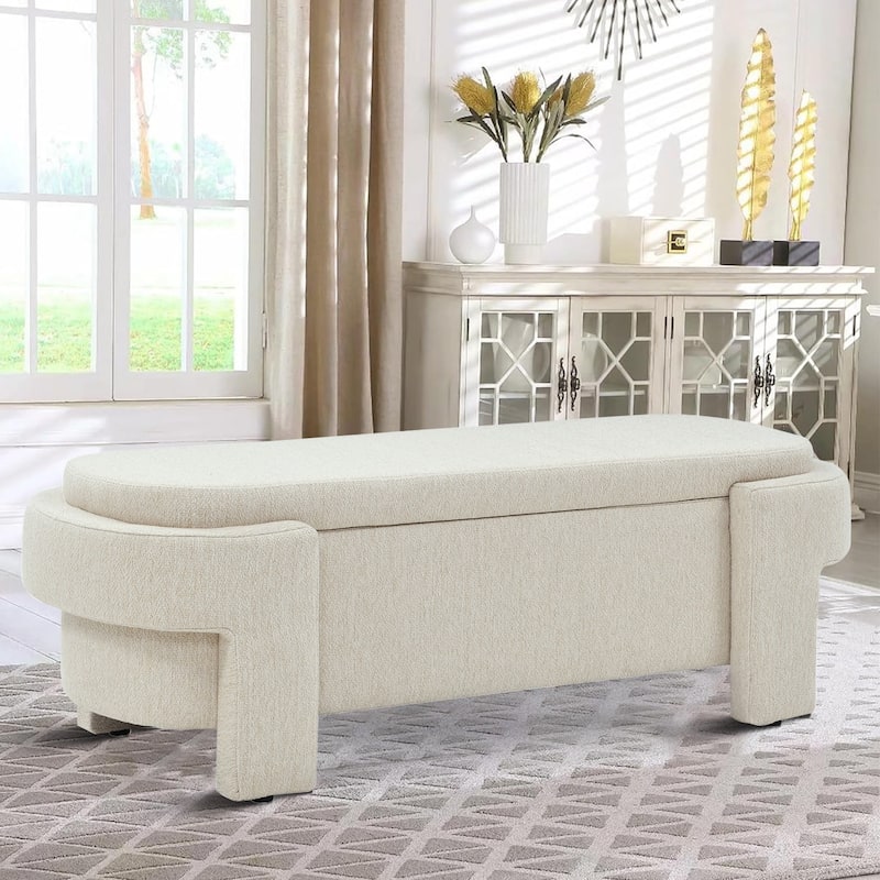 French Minimalist Fabric Upholstered Storage Bench with Four Upholstered Legs - Beige
