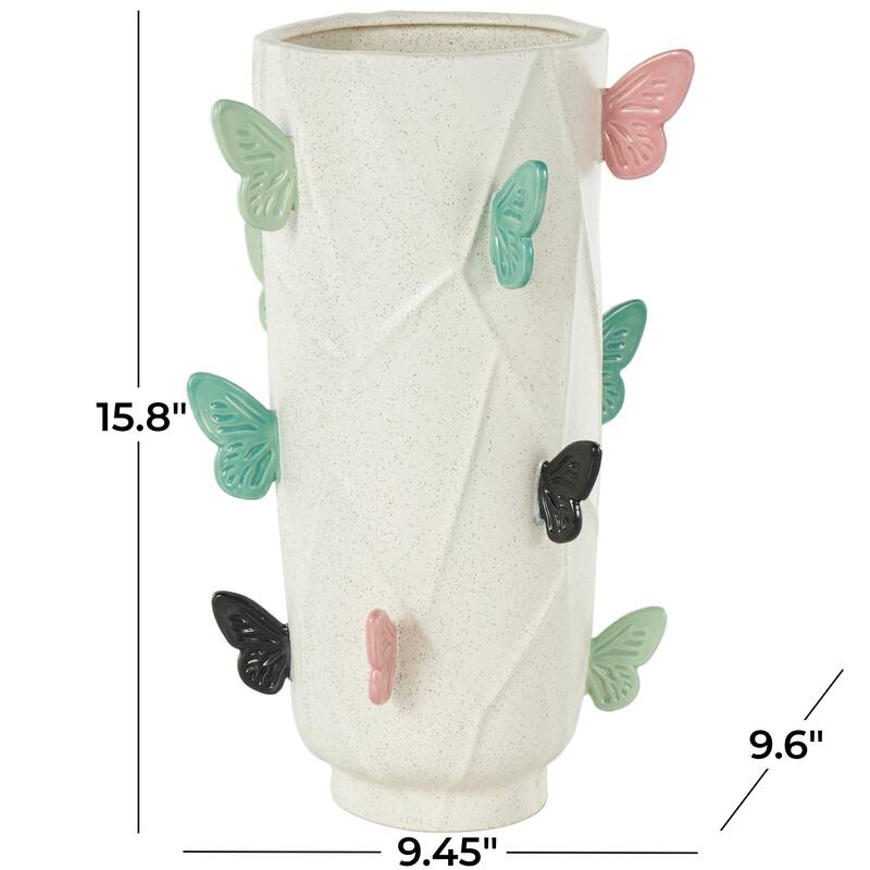 White Ceramic Wide Butterfly Decorative Vase with Multicolor Accents