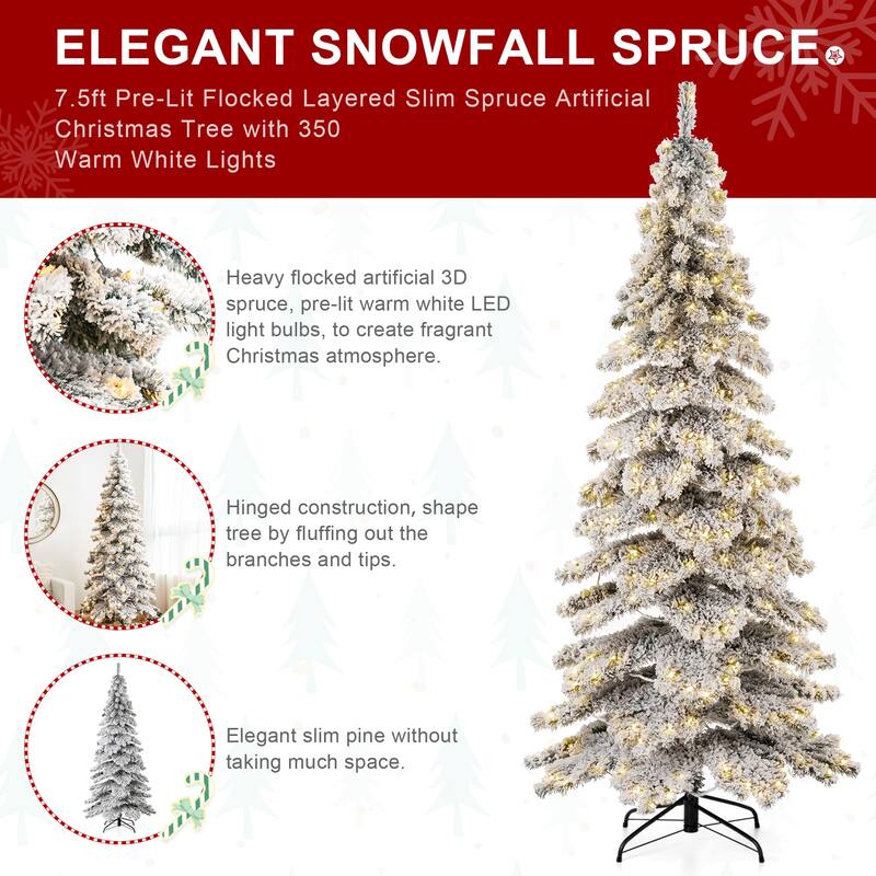 Glitzhome 6FT/7.5FT/9FT/11FT Snow Flocked Pre-lit Artificial Fir Christmas Trees