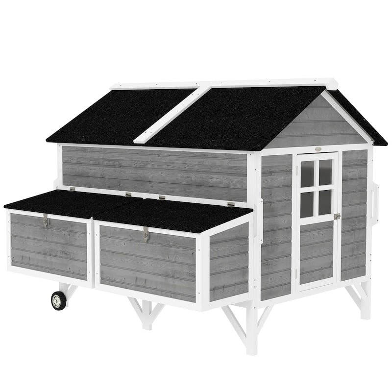 PawHut 59" Wooden Chicken Coop with Wheels and Handles, Mobile Chicken House with 2 Nesting Boxes, 2 Trays, 4 Perches - Grey