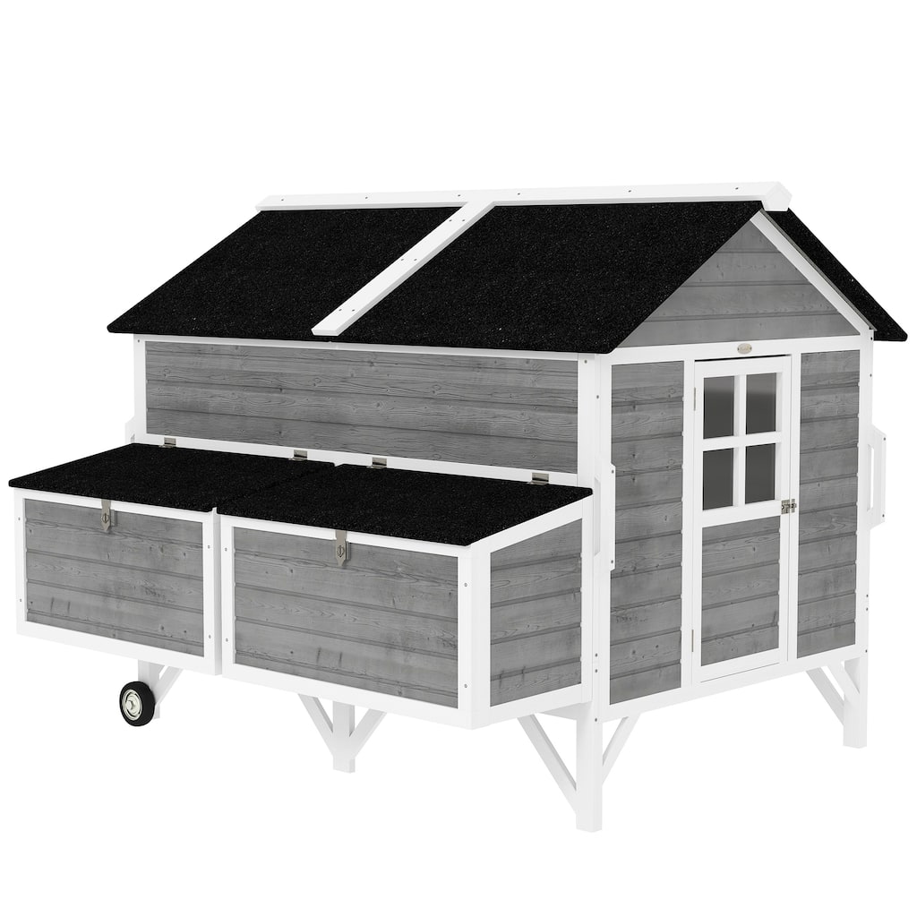 PawHut 59" Wooden Chicken Coop with Wheels and Handles, Mobile Chicken House with 2 Nesting Boxes, 2 Trays, 4 Perches